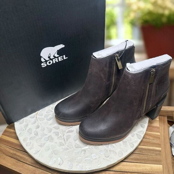 Sorel BLAKE WATERPROOF Blackened Brown Leather Block Heel Ankle Boots Women’s 8. - Picture 6 of 13